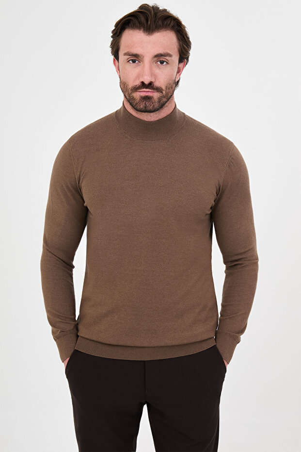 Plain Patterned Slim Fit Half Turtleneck Cashmere Men's Knitwear Sweater Milk Coffee - 11612.26K