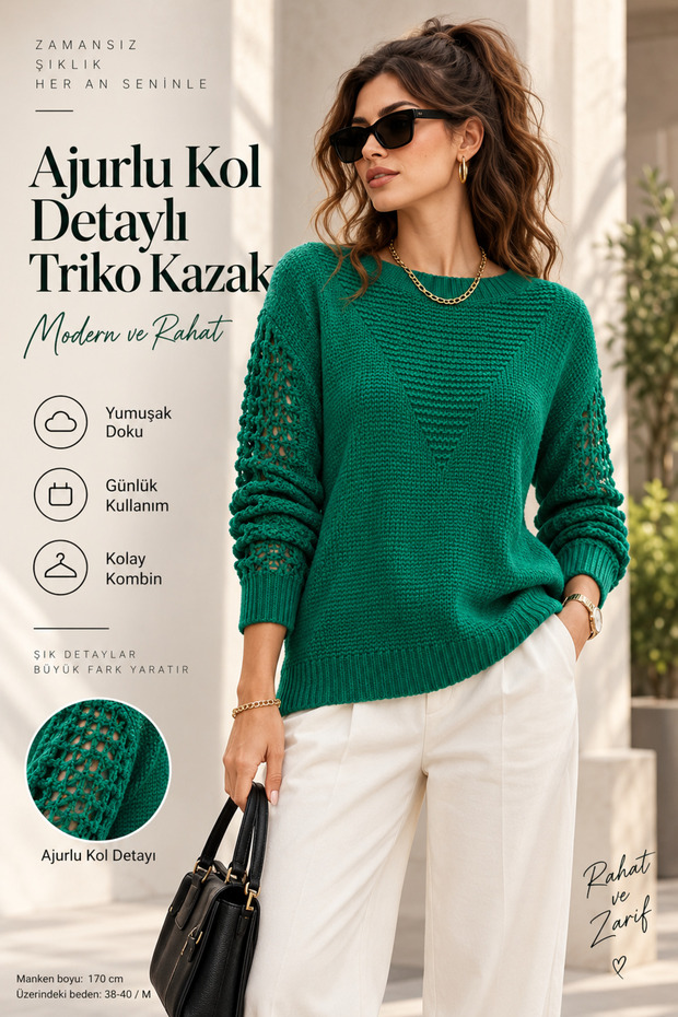 Women's Openwork Sleeves Crew Neck Soft Textured Knitwear Sweater Green