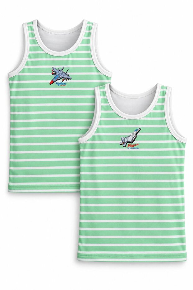2-Piece Boys' Undershirts Green and White Striped, Front and Back Printed Undershirts, Jet Airplane Printed Cotton Boys' Undershirts, Cotton 2-Piece Underwear, Gift Undershirt Set, Boys' Underwear Atlet-23-Yb