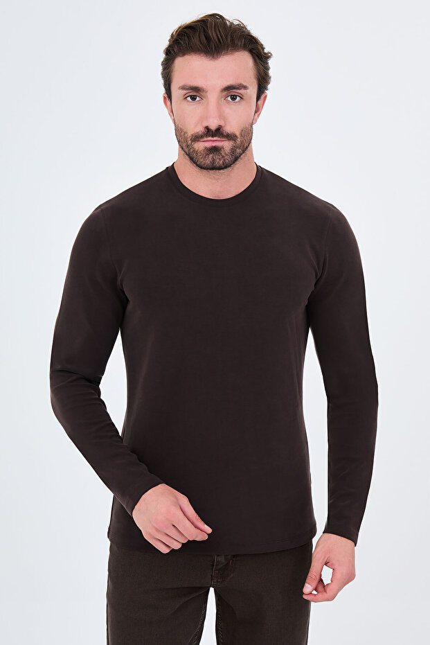 Straight Slim Fit Crew Neck Bi-Stretch Interlock Long Sleeve Men's T-Shirt Brown - 36903.26K