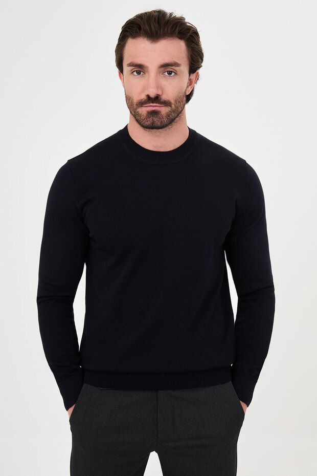 Plain Slim Fit High Crew Neck Cotton Men's Knitwear Sweater Navy Blue - 11600.26K