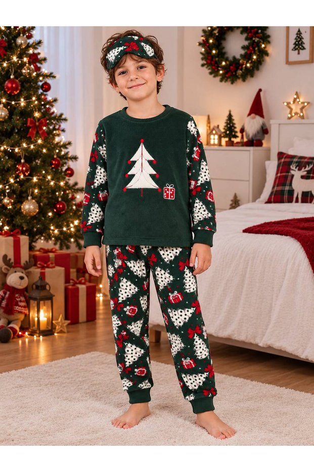 Boys' Cotton Sleepwear Set with Headband, Pine Tree Christmas Themed Green Color Winter Fleece Pajama Set