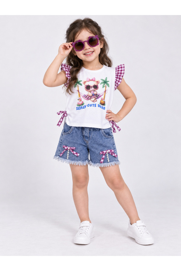 Girl's Patterned Denim Shorts Set