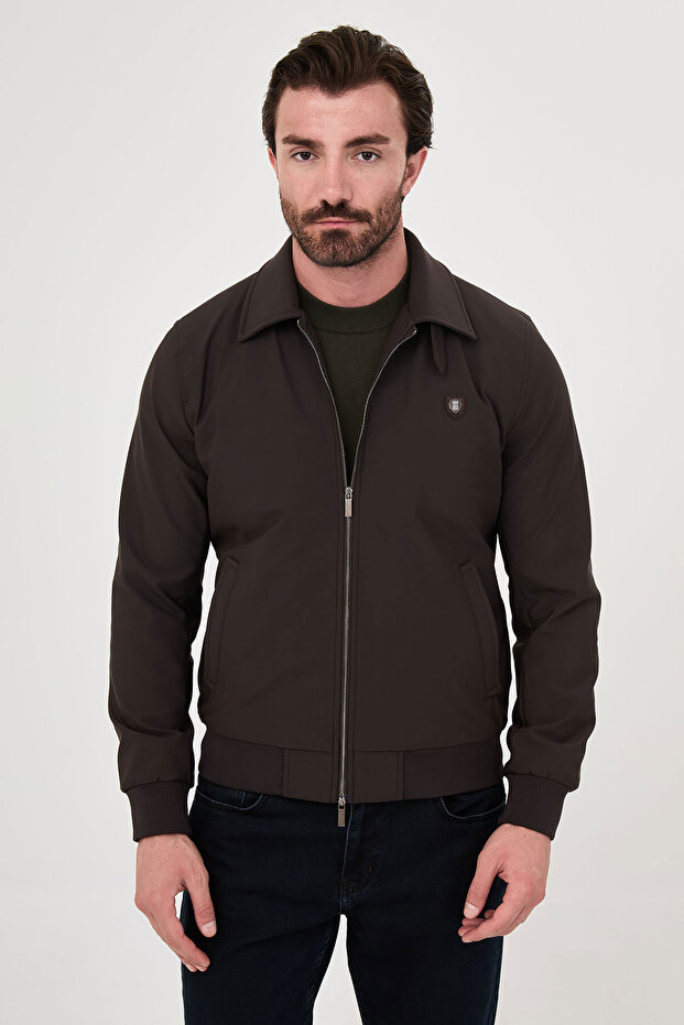 Straight Slim Fit Shirt Collar Double Zipper Side Pocket Men's Coat Brown - 39690.26K