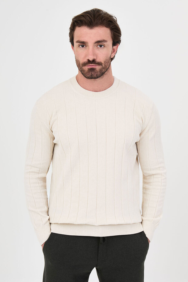 Ribbed Slim Fit Crew Neck Chenille Men's Knitwear Sweater Ecru - 11614.26K