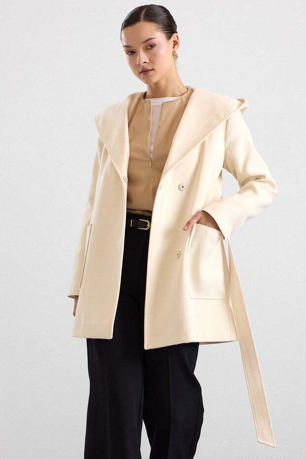 Torba Pocketed Hooded Short Coat Ecru 3185
