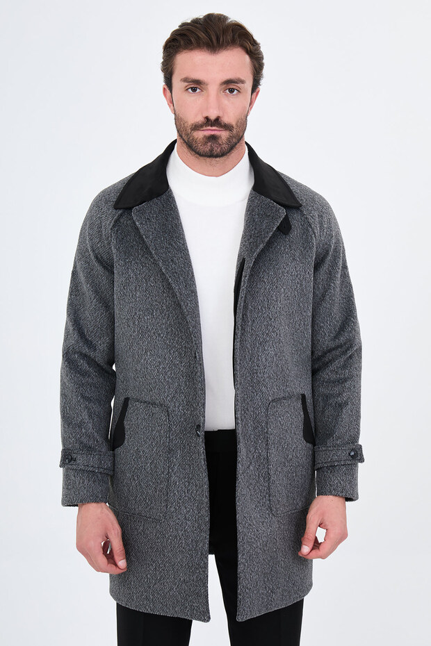 Textured Oversize Shirt Collar Hidden Button Side Pocket Wool Men's Coat Black - 21344.26K