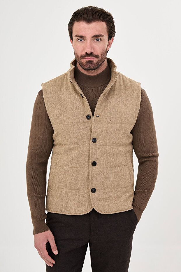 Textured Slim Fit Stand Collar Buttoned Wool Blend Men's Vest Beige - 40965.26K
