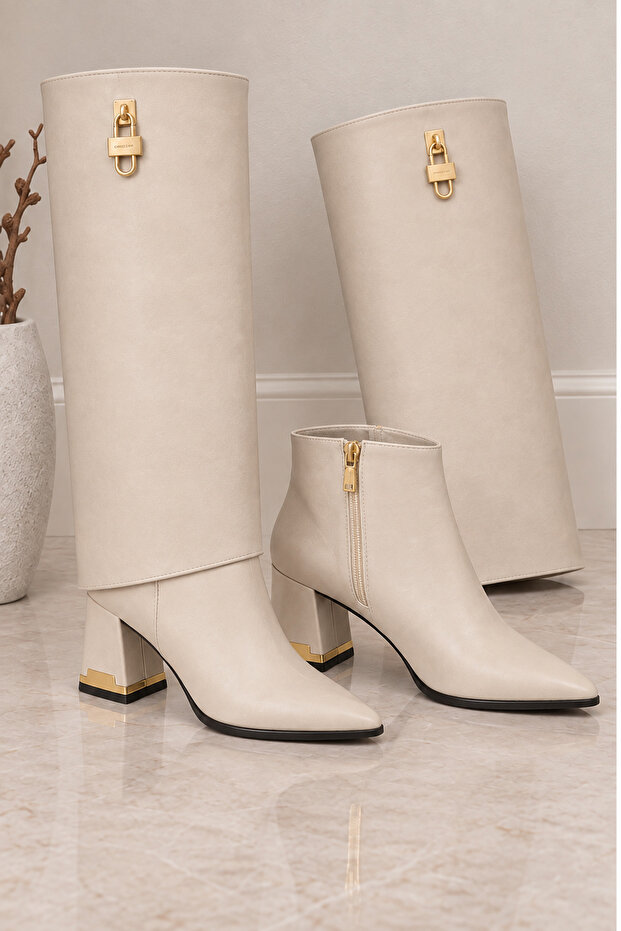 Noble Tread Women's Detachable Boots 2-in-1 Pointed Toe Thick Heel with Gold Detail
