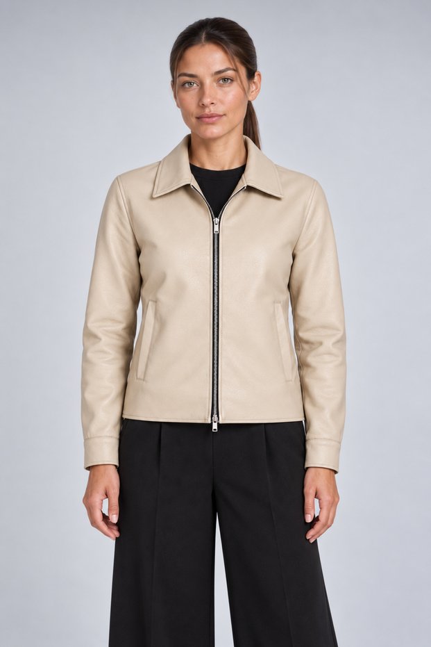 Women's Beige, Comfortable Fit, Fur, Polo Collar, Zippered Leather Jacket