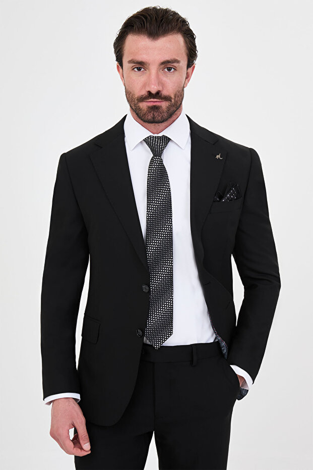 Plain Slim Fit Mono Collar Vestless Wool Blend Men's Suit Black - 45485.26K