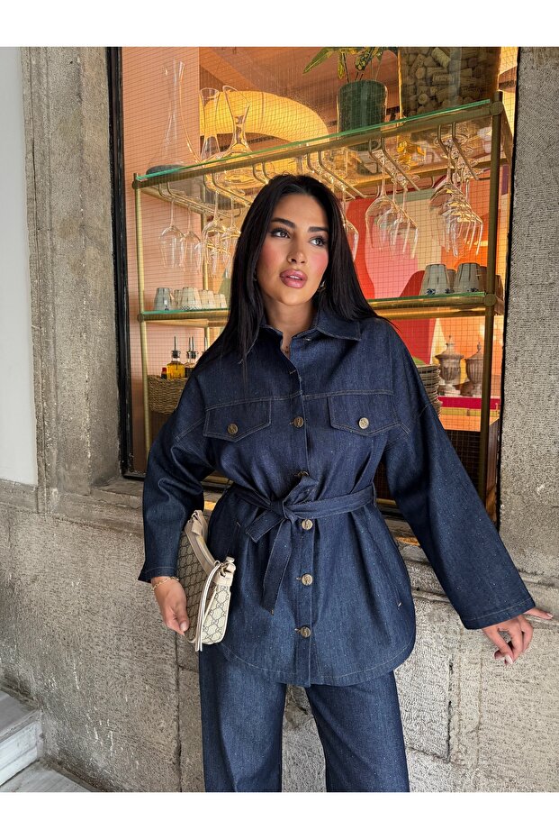 Imported Denim Fabric, Belt Included, Button Detail, Lined, Special Design Jacket and Trousers Set