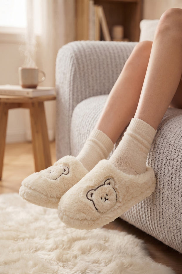 Teddy Bear Patterned Embroidered Unisex Non-Slip Sole Plush Dowry Bundle House Slippers