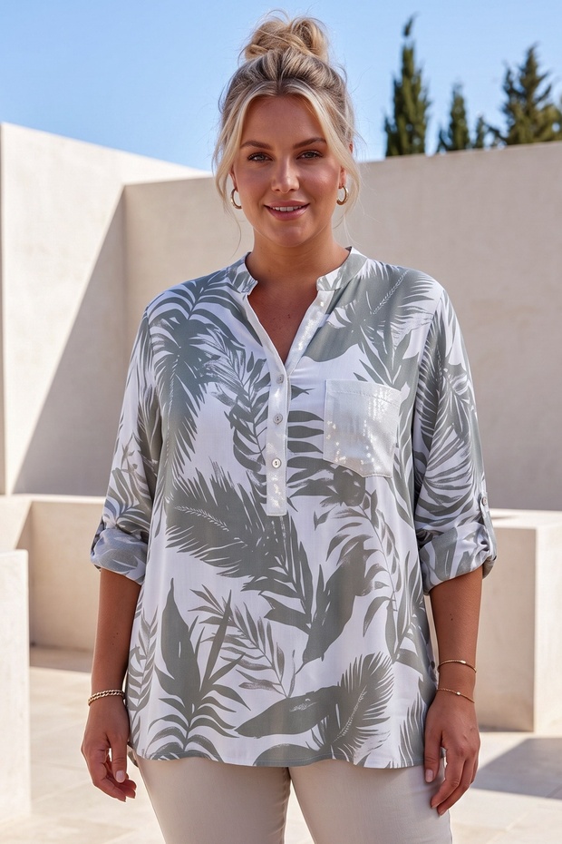Italian White Judge Collar Long Sleeve Leaf Patterned Sequin Pocket Casual Viscose Woven Blouse 75 62
