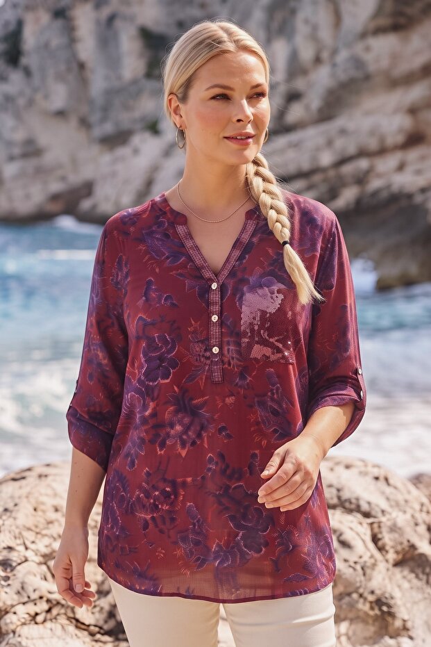 Italian Burgundy Judge Collar Long Sleeve Patterned Sequin Pocket Casual Viscose Woven Blouse 75 60