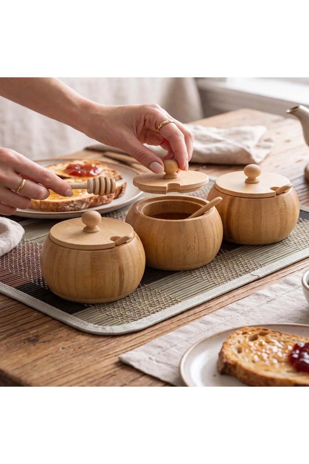 Bamboo 3-Piece Honey Jar Set with Lids - Spice Container with Wooden Spoon - Natural Bamboo Storage Container - Breakfast Serving Set