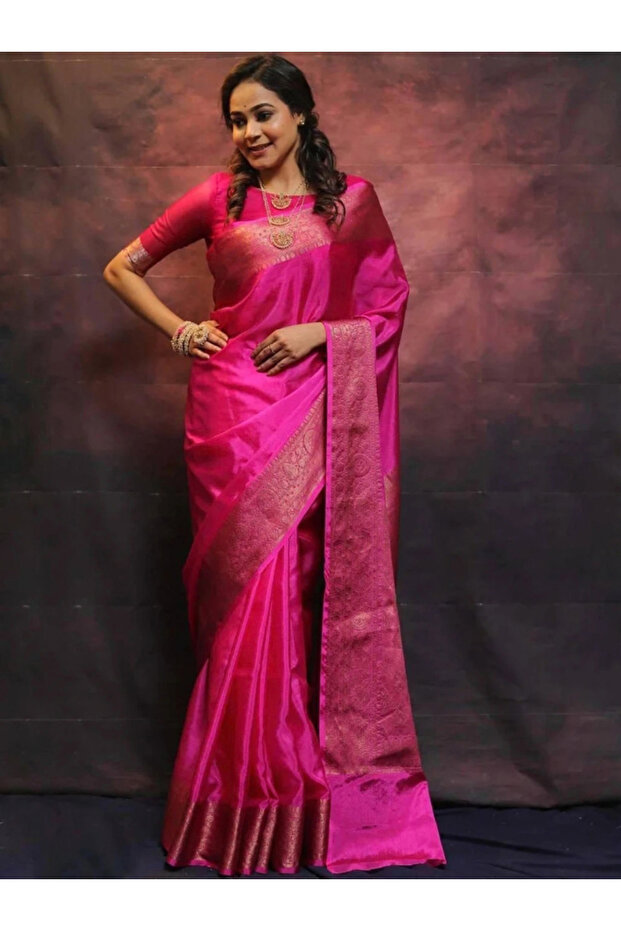 Hot Pink Soft Silk Saree with Golden Zari Border - MAF101260 | Hot Pink & Gold