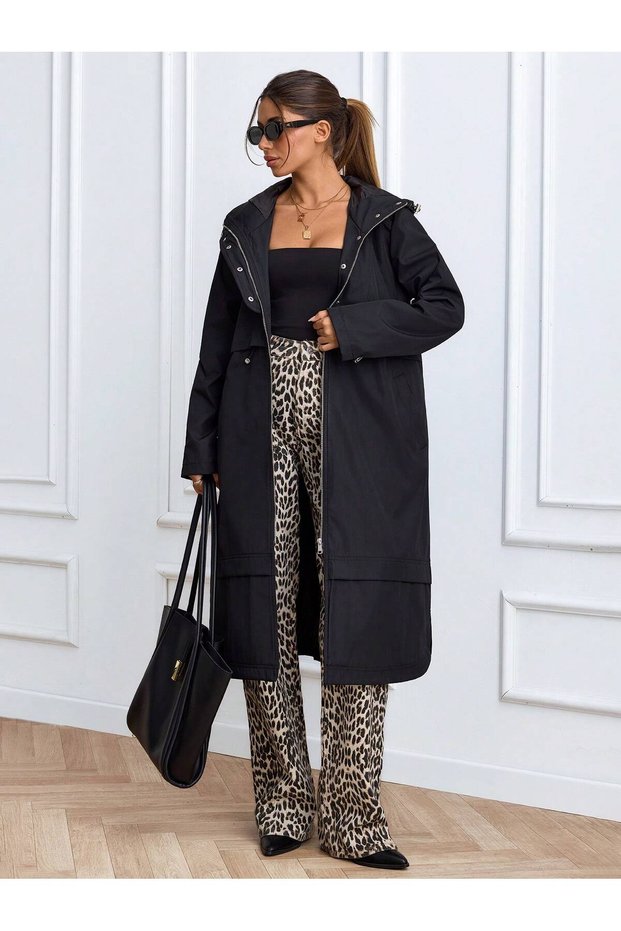 Women's Black Hooded Long Trench Coat with Drawstring Waist