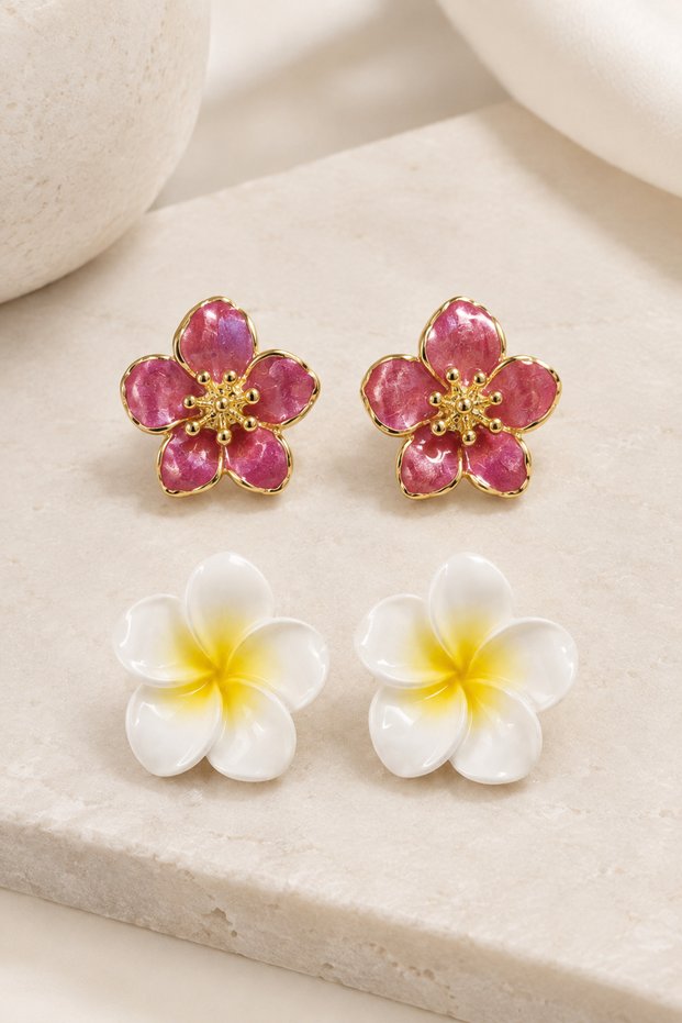 Set of 2 Earrings Pink Flower White Lotus Earrings