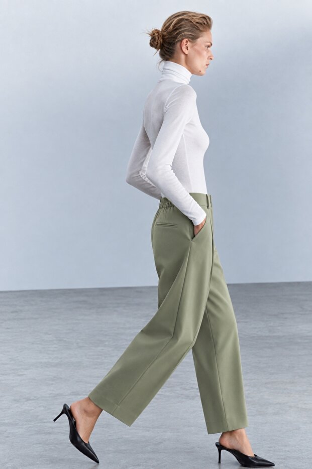 Khaki Front-Stitched Tencel Trousers 00206