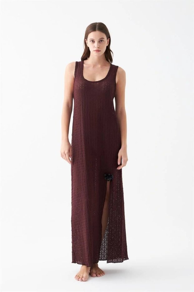 Women's Plum Lace Textured Slit Long Nightgown – Elegant and Comfortable Nightgown