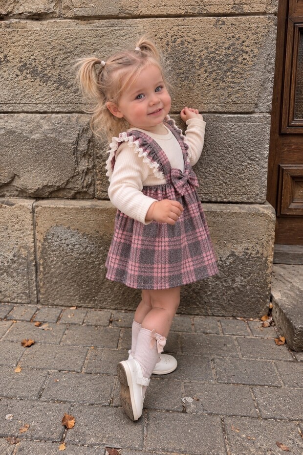 Baby Girl Dress Set Plaid Patterned Dress with Bow and Lace Detail