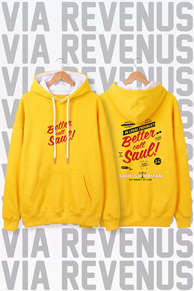 Better Call Saul Printed Yellow Wide Fit Hoodie - 3 Thread Fleece Hood Lining with Rope Detail