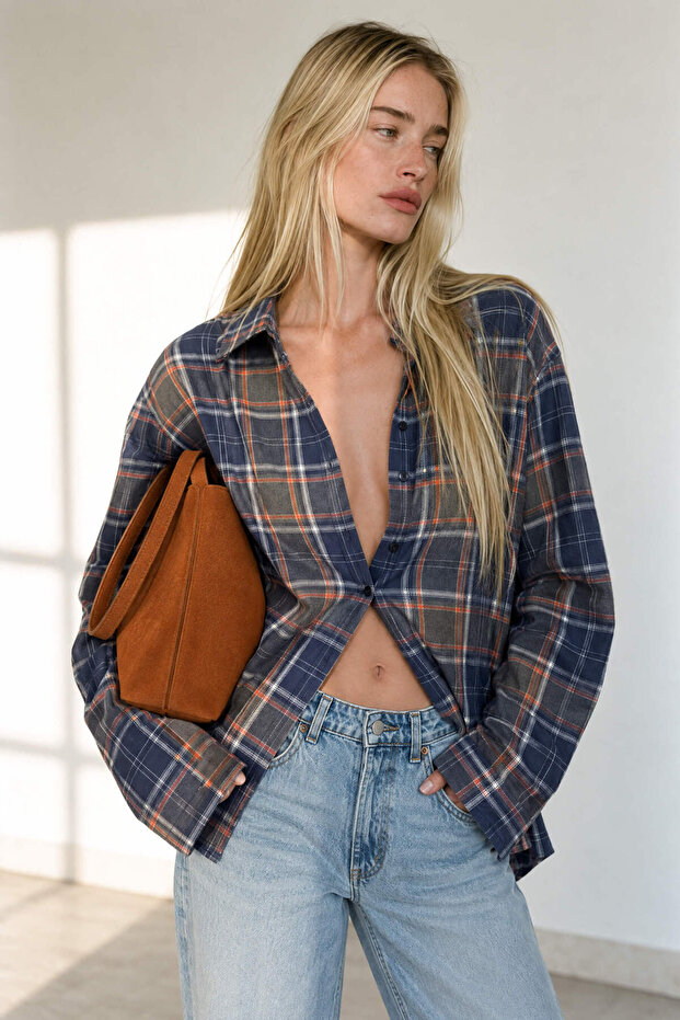 Navy Blue Orange Plaid Oversized Lumberjack Shirt