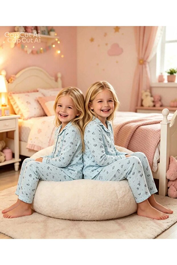 Girl's Turquoise Color Fish Pattern Shirt Collar Buttoned Cotton Combed Cotton Pajama Set