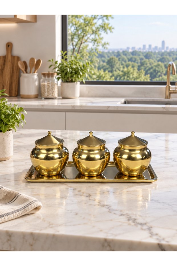 3-Piece Spice Rack Set Stainless Steel Gold Titanium Coating 400 ml with Tray Gift