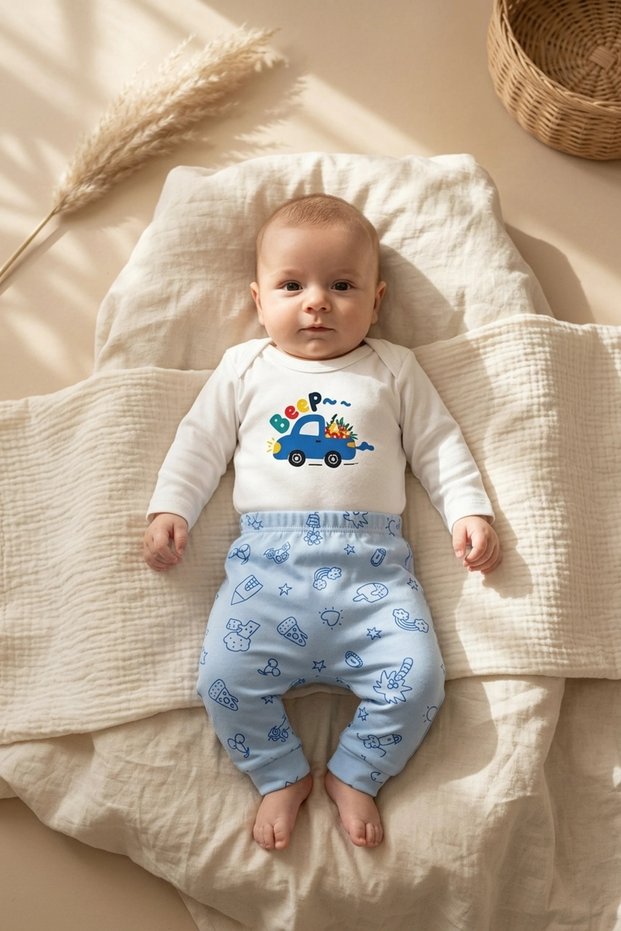 Baby Boy 100% Cotton Car Blue Patterned 2-Piece Set - Long Sleeve Bodysuit and Stretchy Pants Set