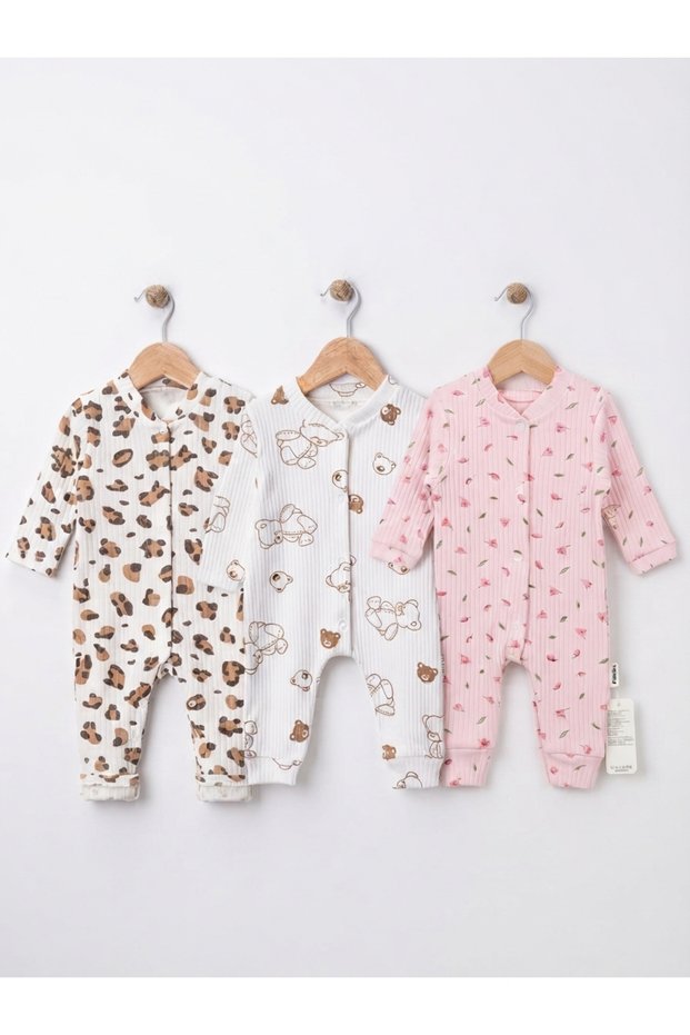 Baby Girl 3-Pack Long Sleeve Ribbed Jumpsuit Set Without Booties (Floral, Teddy Bear and Leopard Pattern)