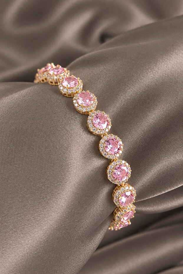 Brass Pink Zircon Stone Circle Baguette Model Gold Color Vip Series Women's Bracelet
