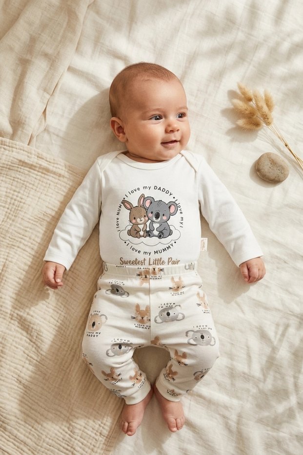 Baby Girl 100% Cotton Koala Patterned 2-Piece Set - Long Sleeve Bodysuit and Stretchy Pants Set
