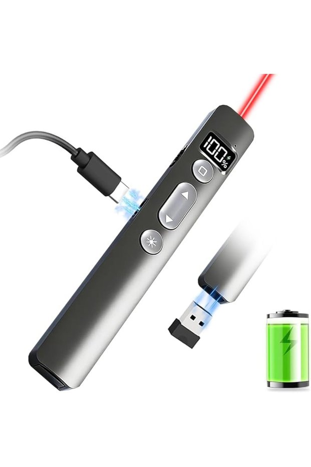 جهاز تحكم عن بعد لاسلكي للعروض التقديمية، مع شاشة LED، قابل لإعادة الشحن عبر USB-C، للتحكم في مستوى الصوت والتقاط الصور