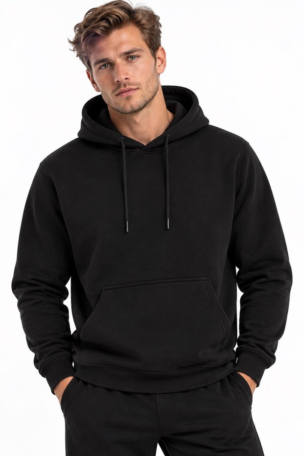 3 Thread Men's Hooded Kangaroo Pocket Sweat Soft Puff Fabric Black Smoked Brown Stone Gray