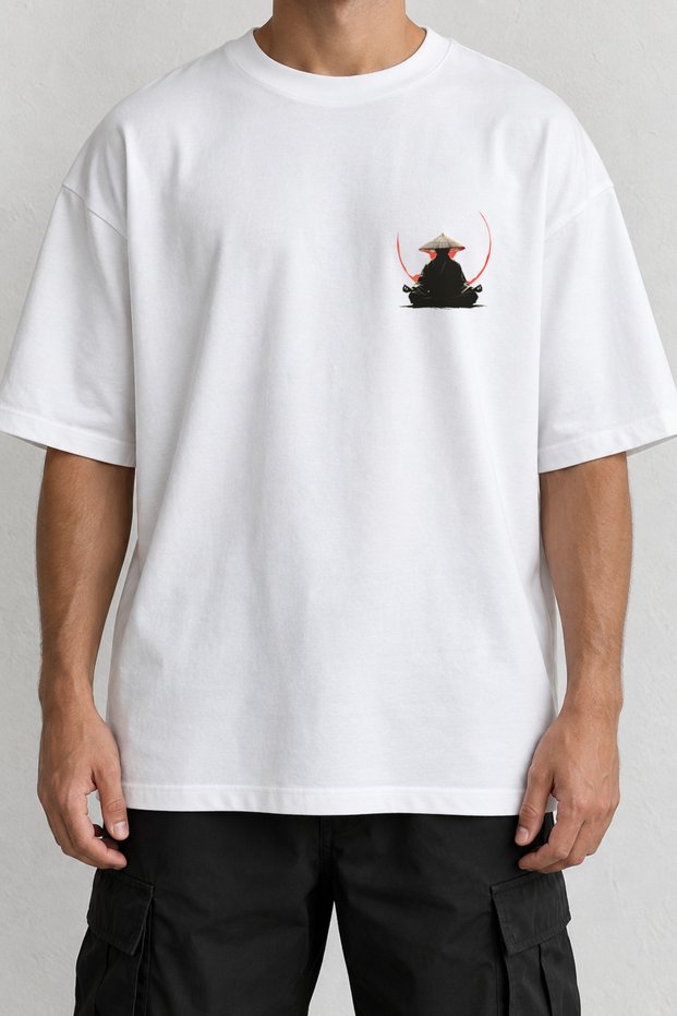 Meditation Samurai Minimal Front Printed T-Shirt White Oversize