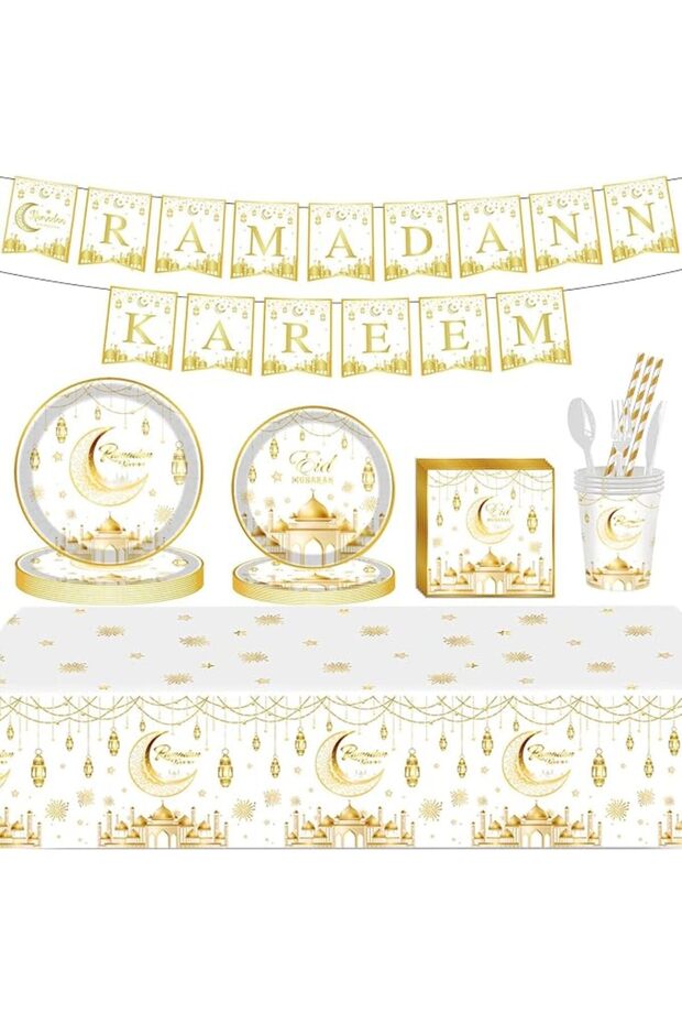طقم أدوات مائدة عيد مبارك لـ 24 شخصًا، مجموعة أدوات مائدة رمضان تشمل أطباق وأكواب ومناديل يمكن التخلص منها، 210 قطعة