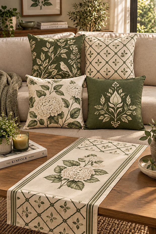 Botanik Bahçe 4-Piece Cushion Cover + 1 Runner Set – 43X43 cm Double-Sided Cover, 40X140 cm Runner