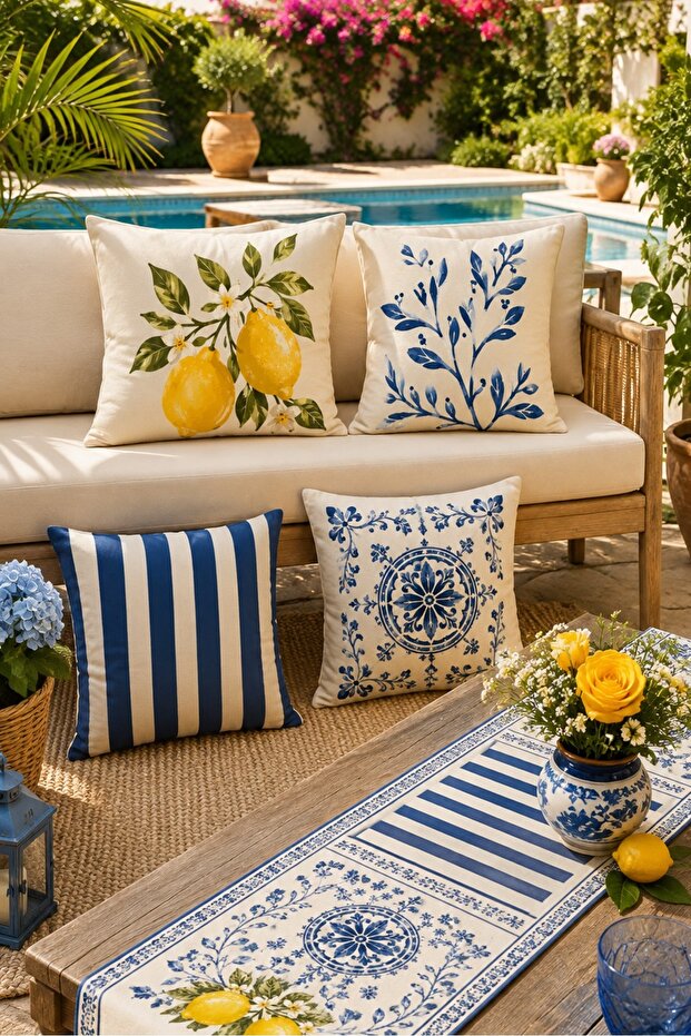 Amalfi Lemon 4-Piece Throw Pillow Cover + 1 Runner Set – 43X43 cm Double-Sided Cover, 40X140 cm Runner