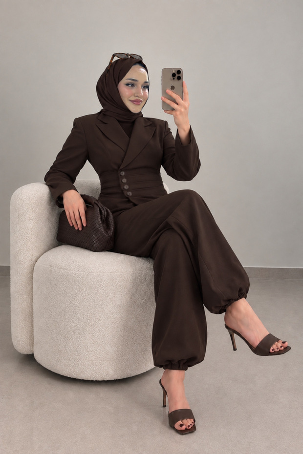 Waist Detailed Blazer Jacket and Trousers Two-Piece Set in Brown