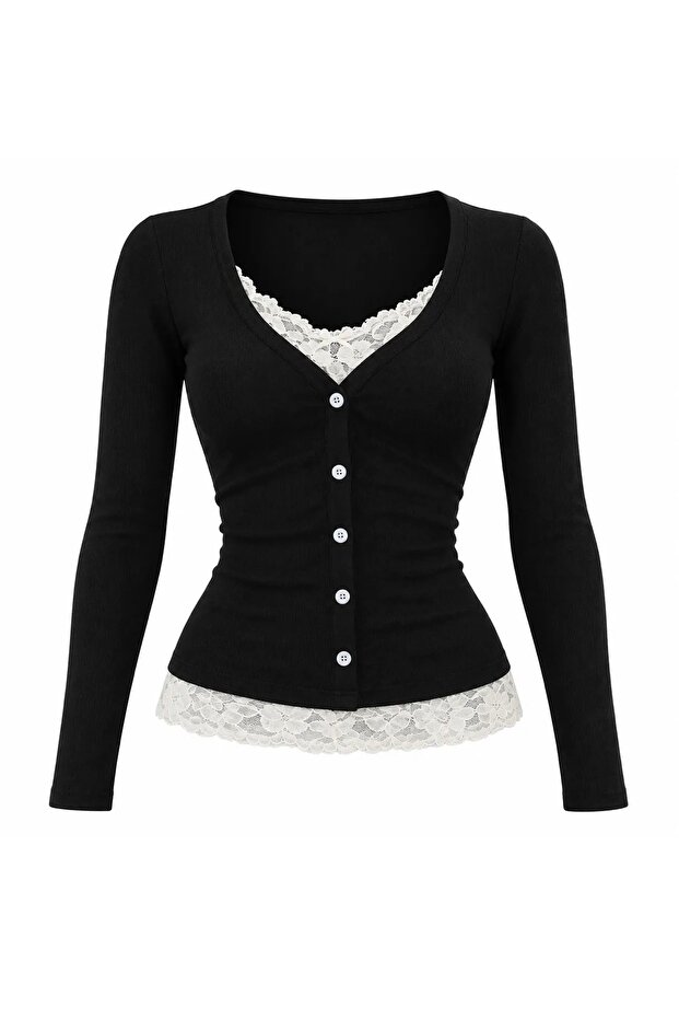Vintage Buttoned Lace Collar and Waist Detailed Long Sleeve Blouse