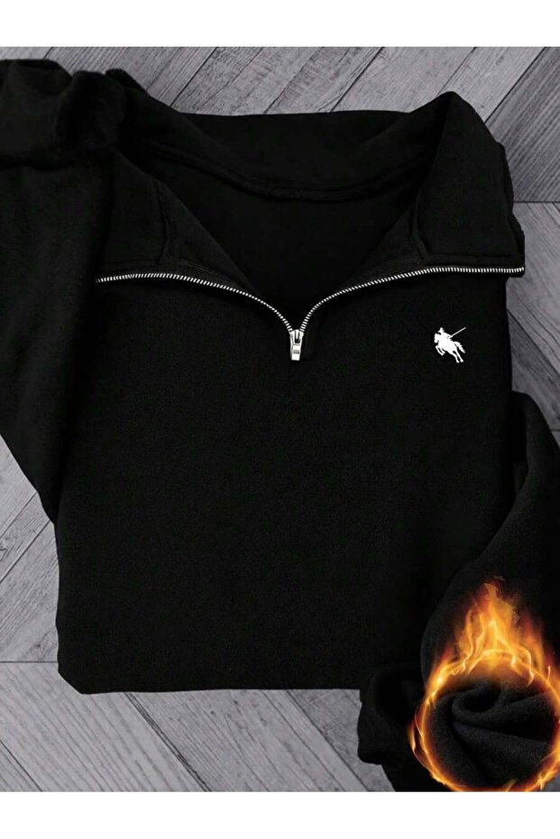 3 Thread Black Horseman Half-Zip Sweatshirt - Printed Oversize Stand Collar