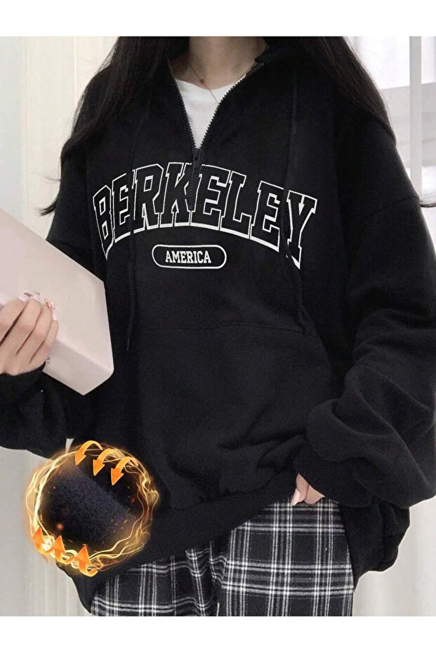 3 Thread Black Berkeley America Half-Zip Sweatshirt - Printed Oversize Stand Collar