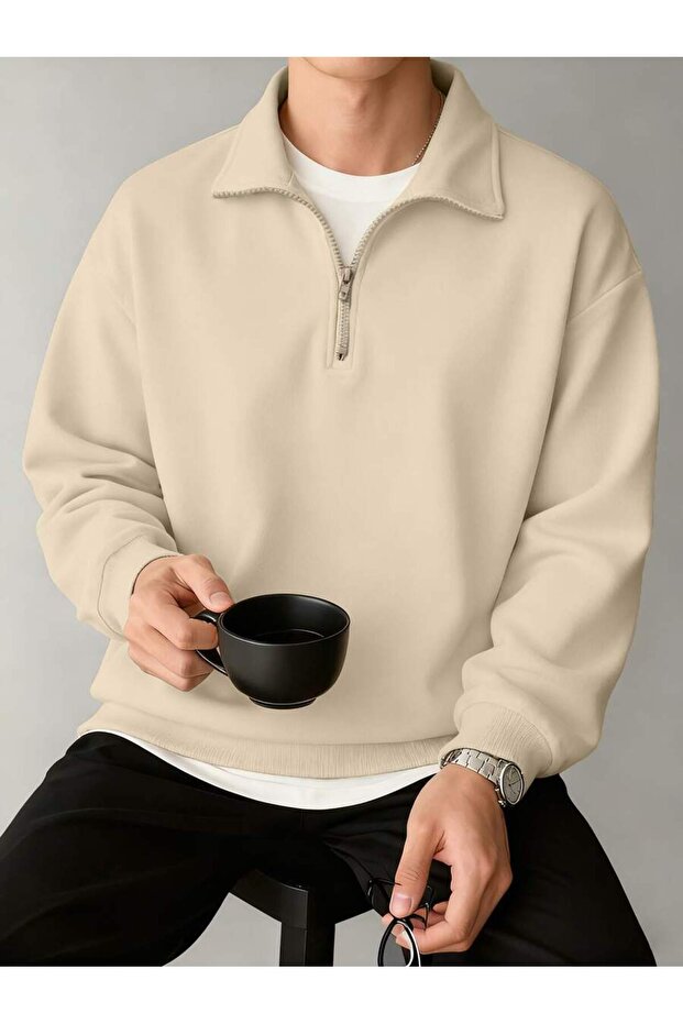 3 İplik Beige Basic Plain Half-Zip Sweatshirt - Oversize Stand-Up Collar