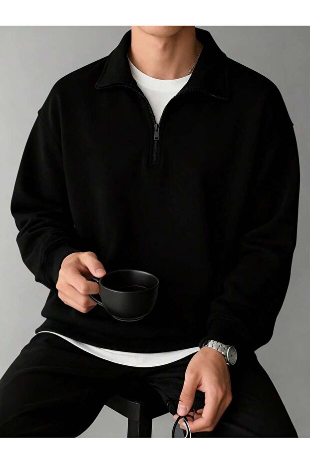 Black Basic Plain Half-Zip Sweatshirt - Oversized Stand-Up Collar