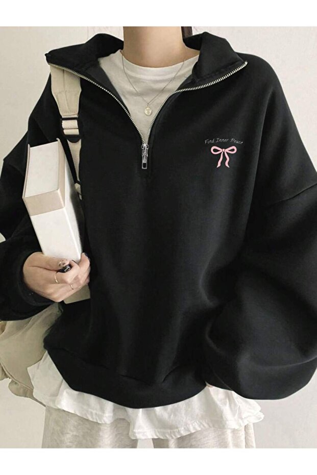 3 Thread Black Peace Bow Pattern Half Zipper Sweatshirt - Printed Oversize Stand Collar