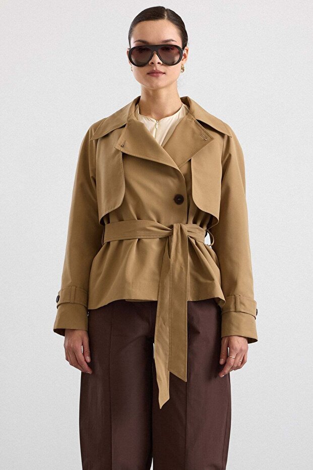 Cape Detailed Raglan Sleeve Water Repellent Short Trench Coat Kamel 6908