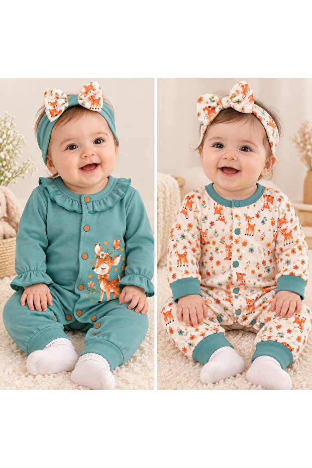🦌 Baby Girl Deer Patterned 2-Piece Jumpsuit and Bow Set – 100% Cotton