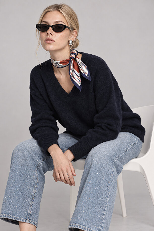 V-Neck Oversize Knitwear Sweater Lki̇0061 Dark Blue
